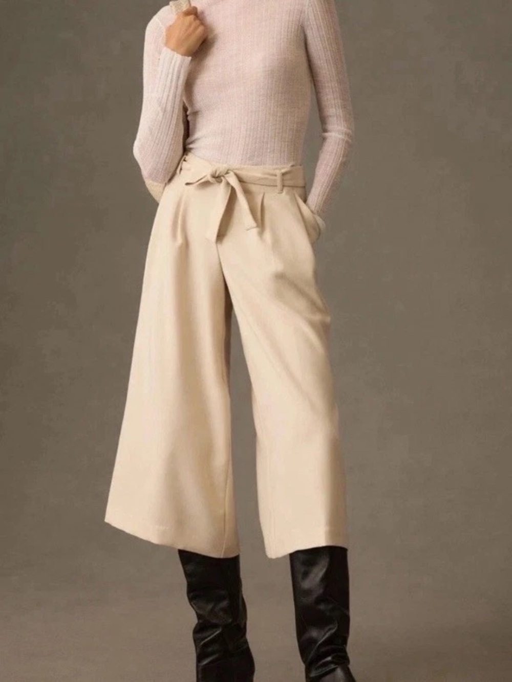 Maeve Tie Waist Culottes Cropped Wide Leg Bottoms Belted Cream Anthropologie